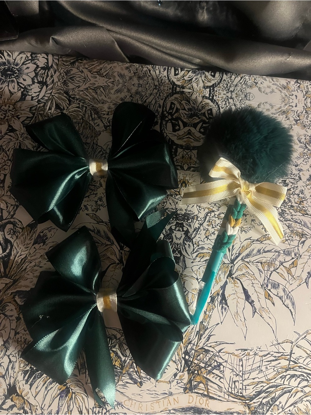Handmade Forest Green Satin Hair Bow and Pom-Pom Pen Set - Kids Accessories
